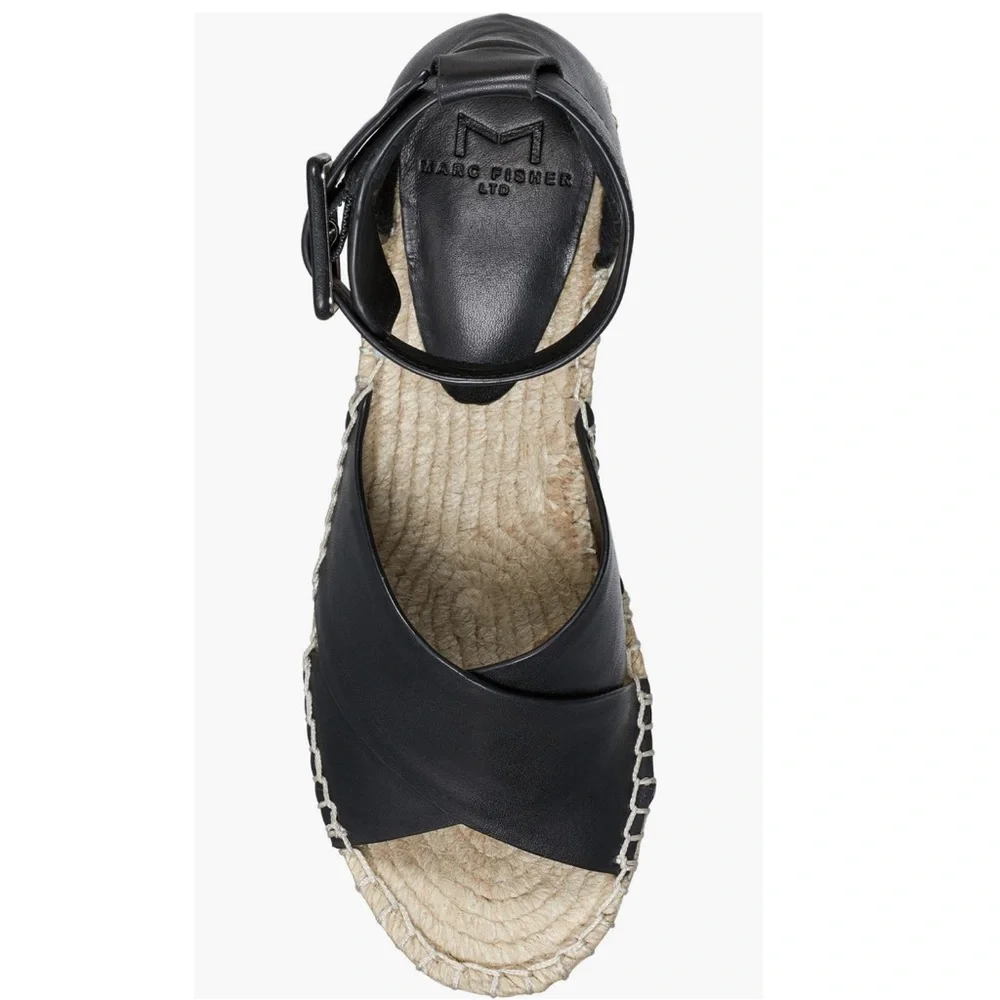 MARC FISHER ❤️‍🔥 BLACK LEATHER ESPADRILLE PLATFORM WEDGE NWT SIZE 10